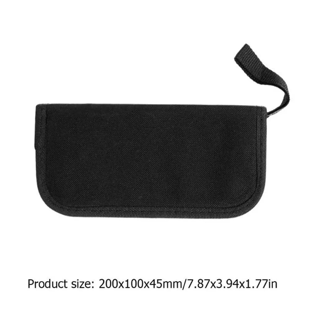Black plastic case for a guitar repair tool kit, shown with dimensions 200mm by 100mm.