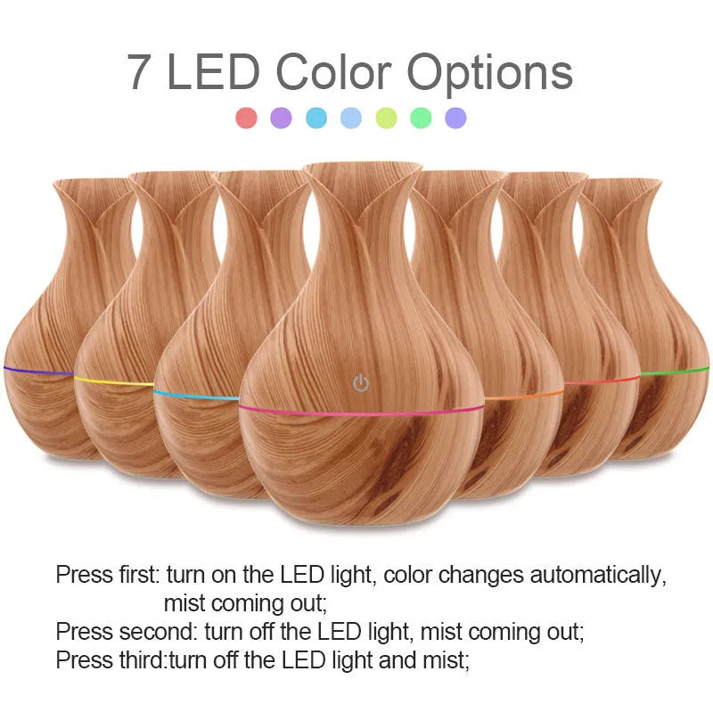 Vase humidifier 130ml 5V 3W in crackle mahogany or wood grain finish on a desk