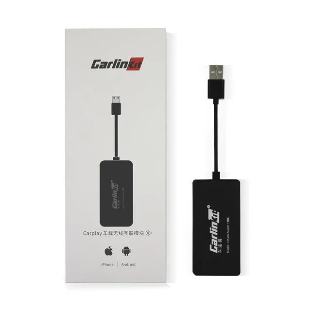 Black Wireless CarPlay USB dongle for connecting iPhone to Android car stereo systems.