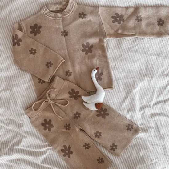 Boys and girls Korean style cotton sweater suit in khaki with matching trousers