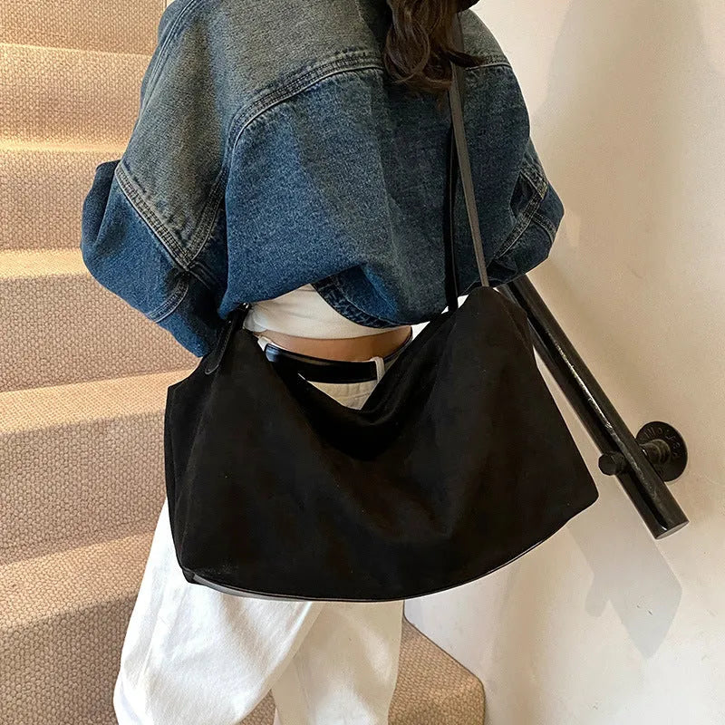 Women's large capacity fashion suede pillow shoulder bag in khaki, made of PU with slit pocket
