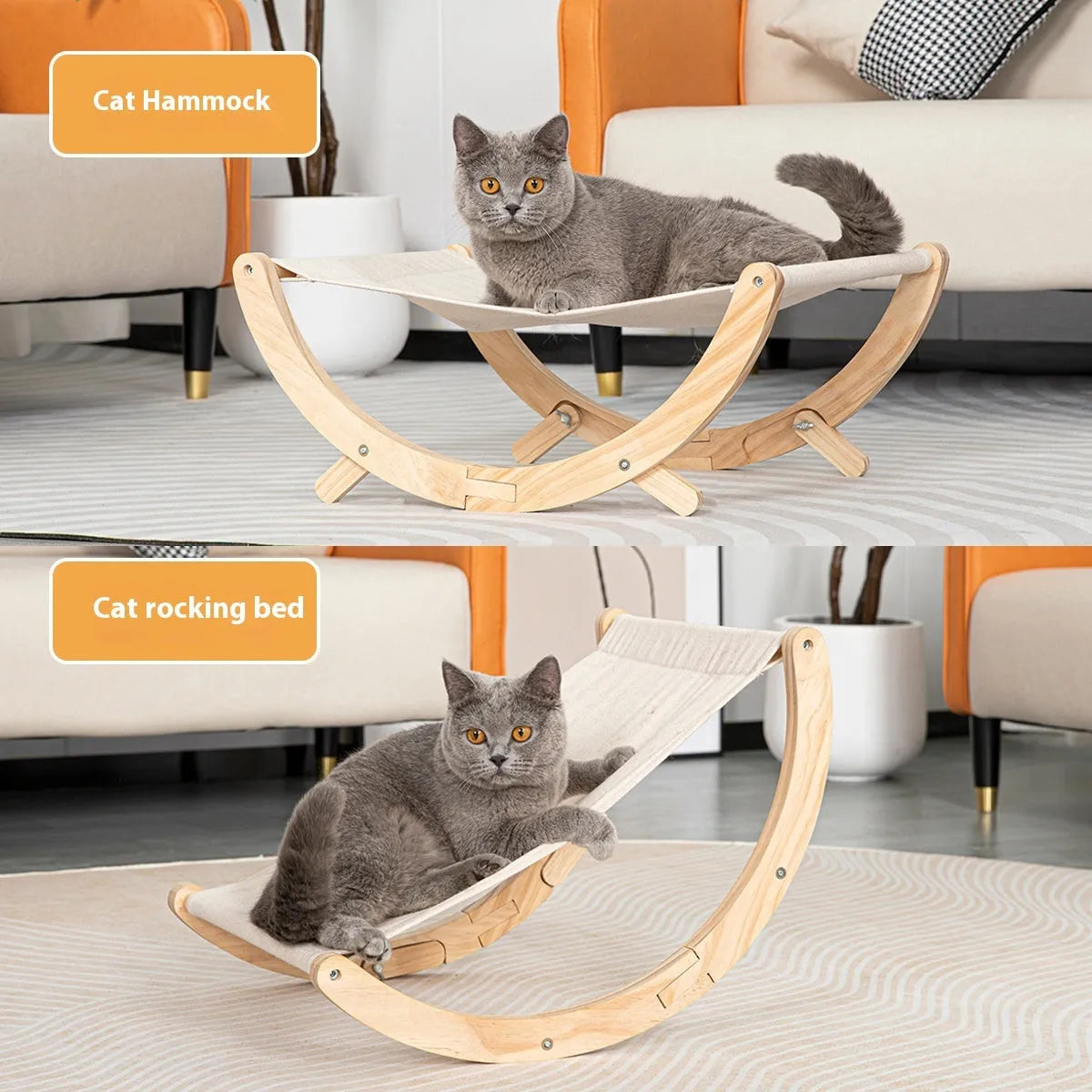 Solid wood foldable cat hammock bed with a neutral canvas and plush cushion.