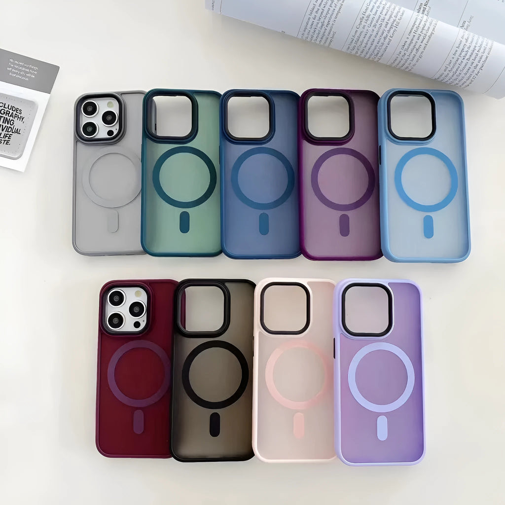 Magnetic suction phone case for Apple iPhone 16 with frosted finish in multiple colour options
