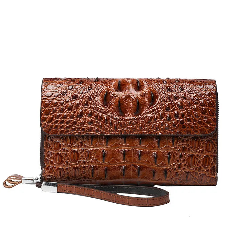 Men's PU double-layer hand carrying mobile phone bag in black or brown with solid colour and simple style