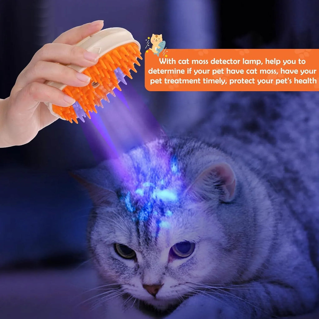 Yellow 4-in-1 cat steam brush with silicone teeth, steam spray function, and UV ringworm detector lamp