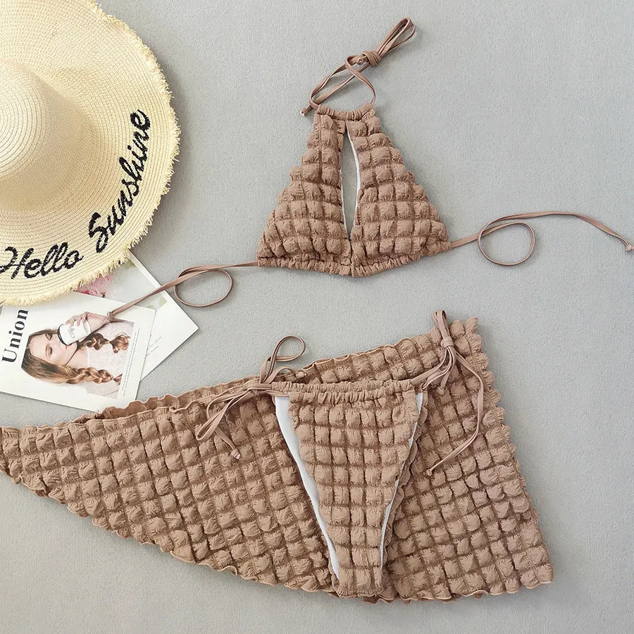 Brown seersucker lace-up women's three-piece bikini swimsuit with skirt.