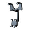 Black rearview mirror car phone holder showing 360-degree rotation and telescopic arm extended