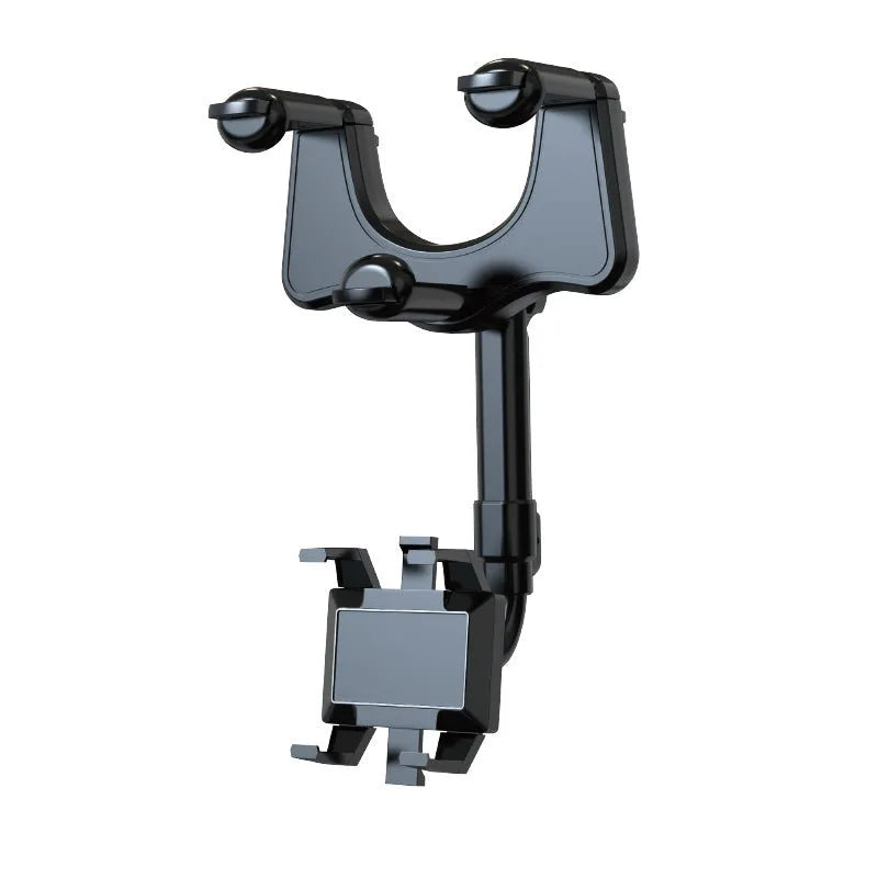Black rearview mirror car phone holder showing 360-degree rotation and telescopic arm extended