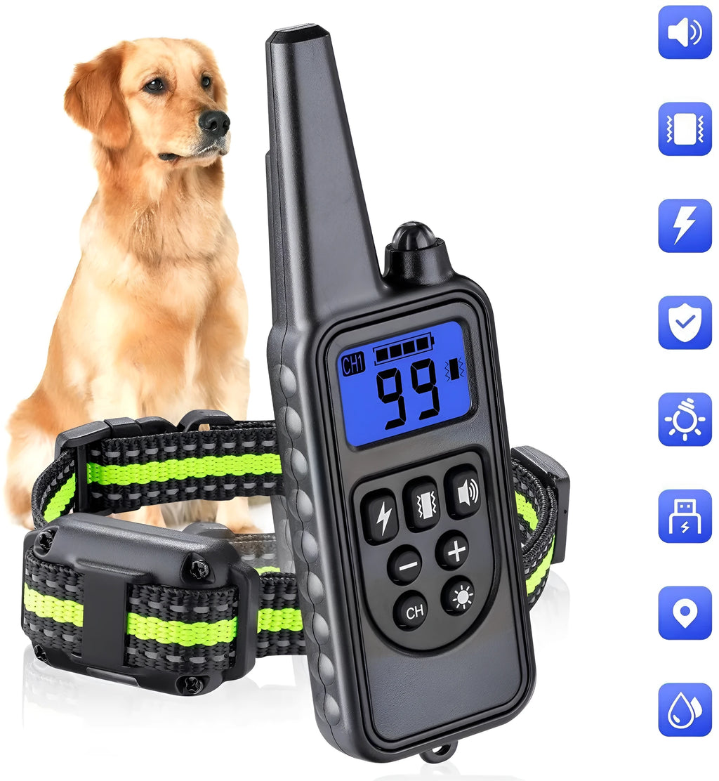 800m remote dog training collar with IP67 waterproof receiver, blue backlight screen, and adjustable 67cm collar