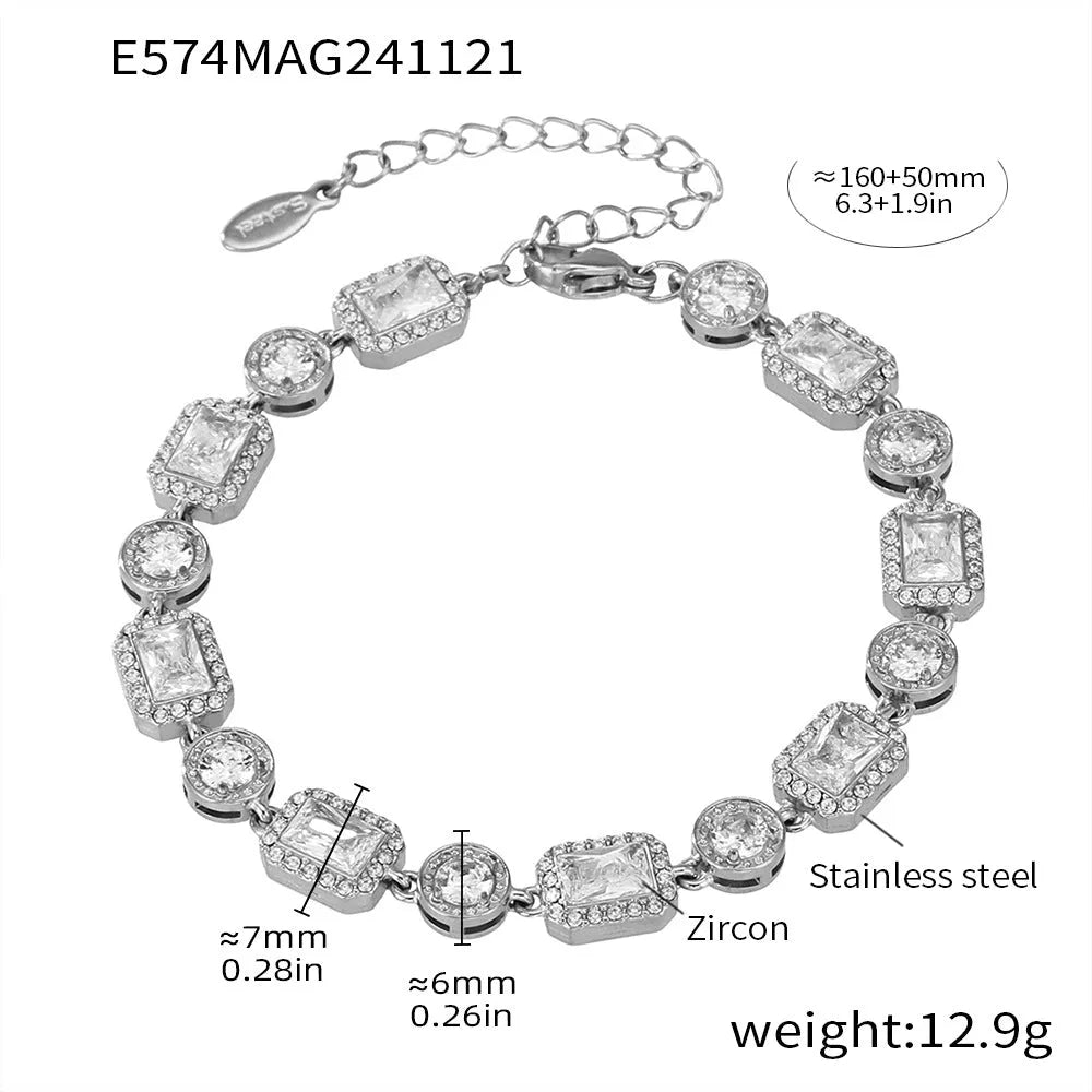 Titanium steel unisex bracelet with square zircon rhinestone inlay, geometric design, gold or steel colour.