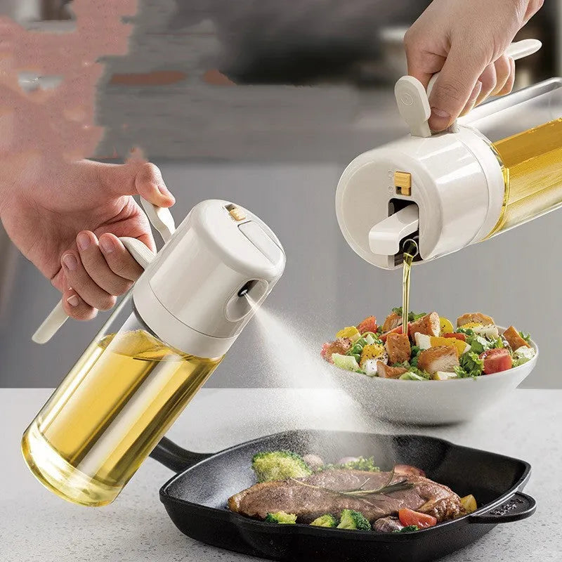 Warm grey glass oil spray bottle with dual-mode switch and automatic tilt-open lid
