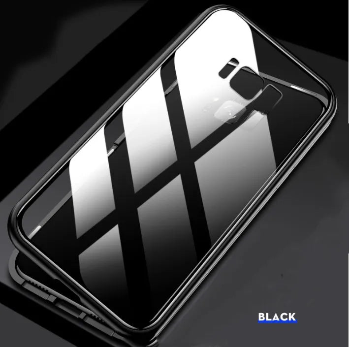 Black clamshell anti-peeping magnetic phone case for Samsung Galaxy shown open and closed.