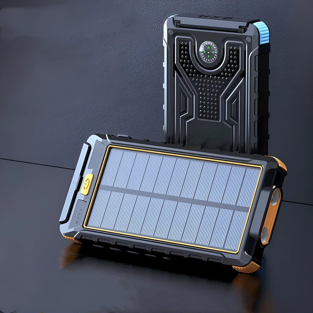 Solar wireless power bank, 20000 mAh, PD fast charging, alloy shell, 138 x 76 x 19 mm, in black, blue, green, or yellow.