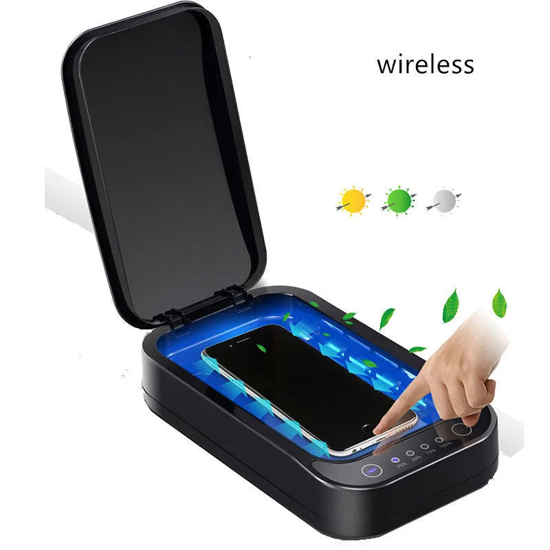 Blue and white portable UV disinfection box for mobile phones with aromatherapy function.