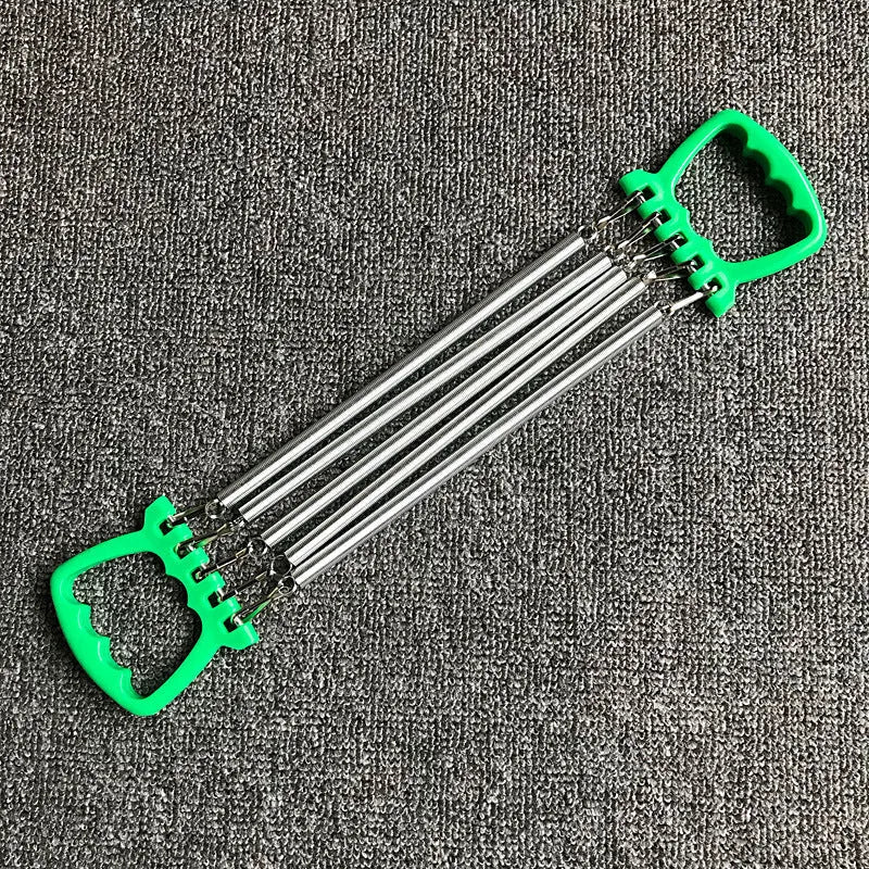 Chest expander training exercise equipment with carbon spring and ABS plastic handles in blue, green, and red colours