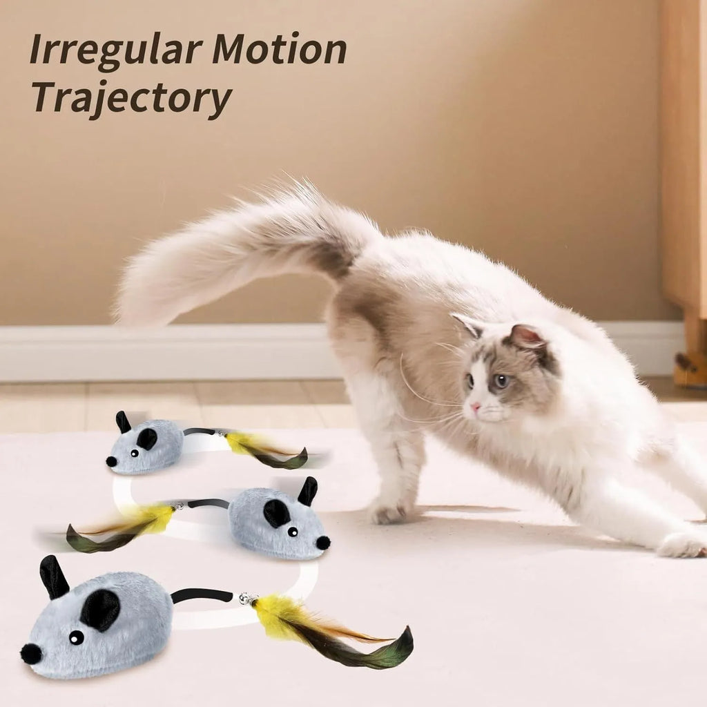 Grey and yellow rechargeable automatic cat mouse toy with feather tail and LED lights