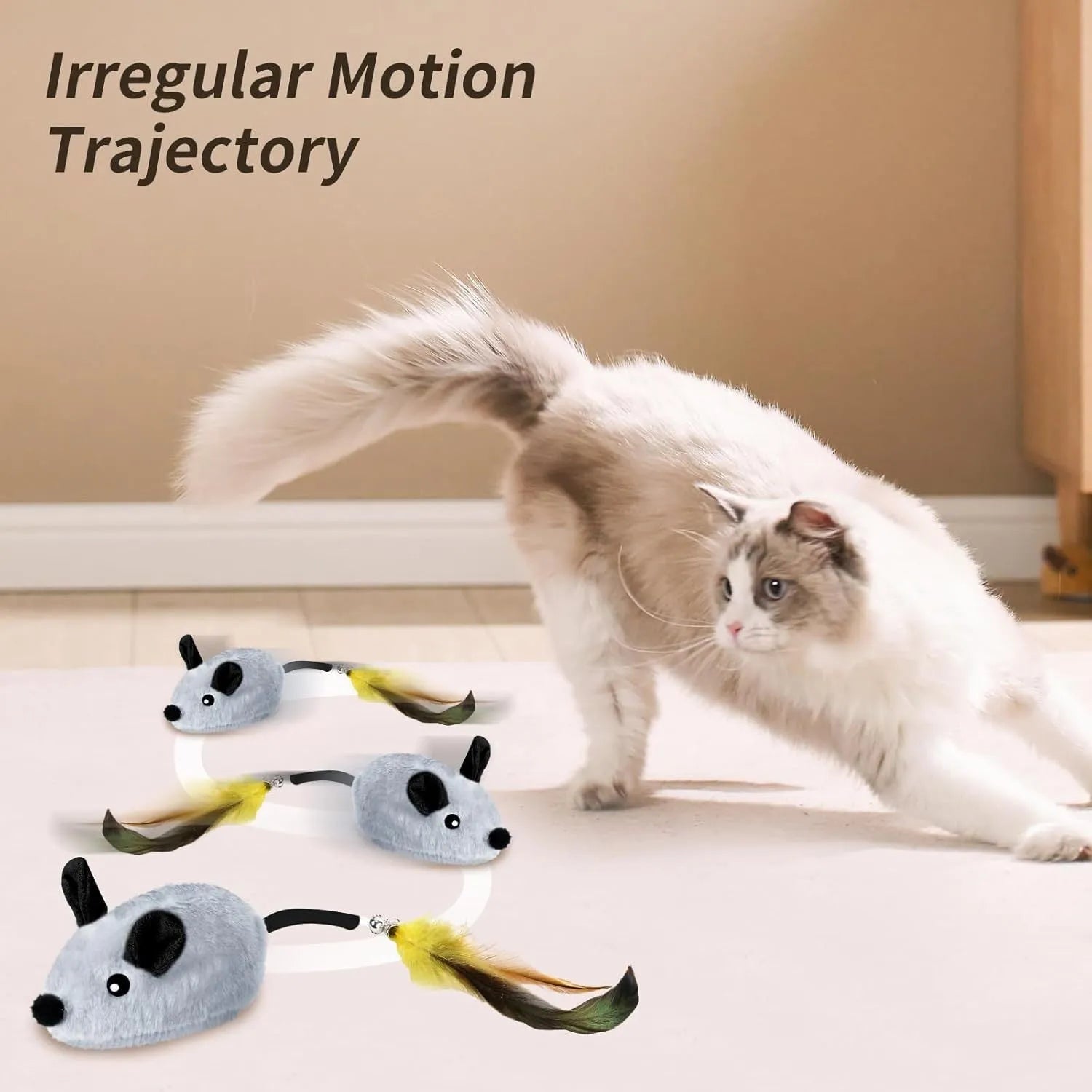 Grey and yellow rechargeable automatic cat mouse toy with feather tail and LED lights