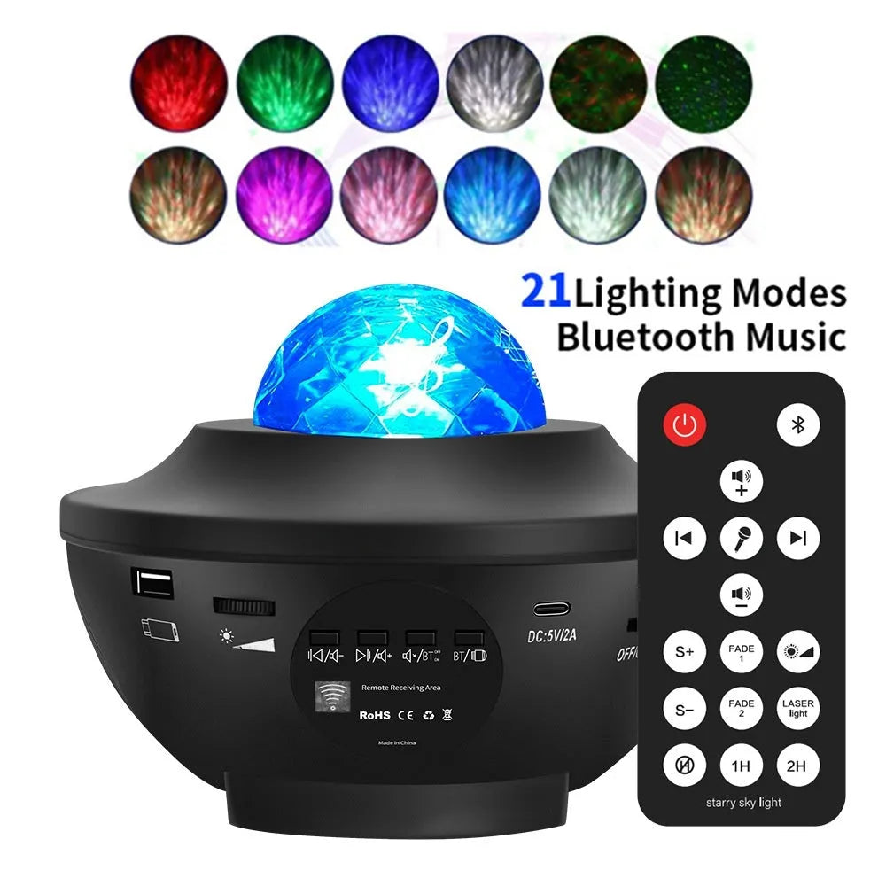 Black parallel style starry sky projection lamp with remote control on desktop