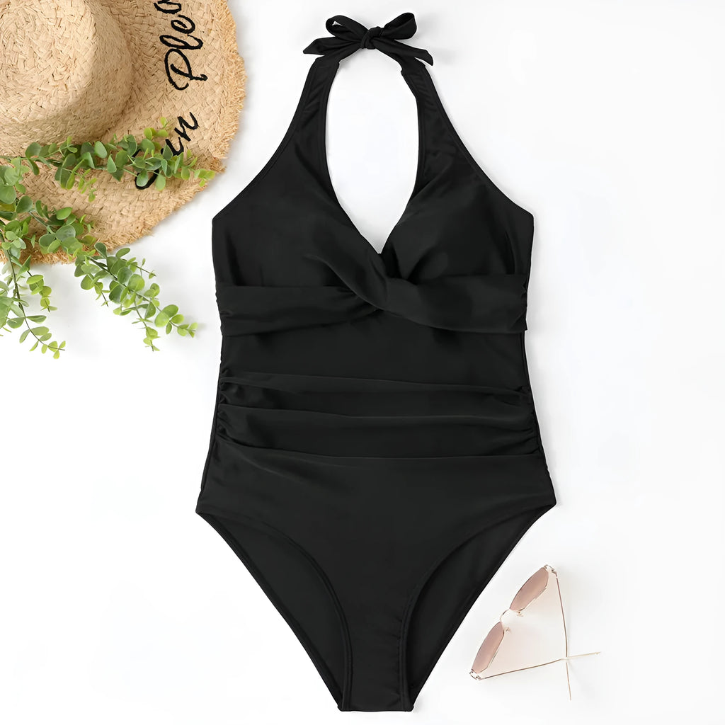 Women's solid colour one-piece swimsuit with fashion cross Bikini style design in five colour options