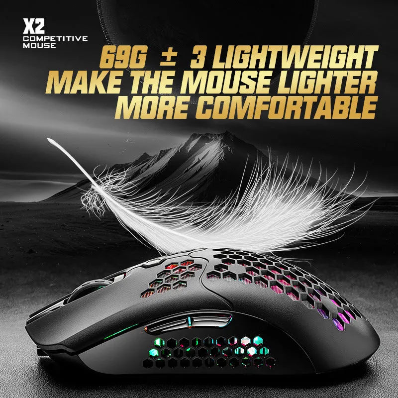 Free Wolf X2 wireless gaming mouse with RGB lighting in black, green, pink, white, and yellow colour options.