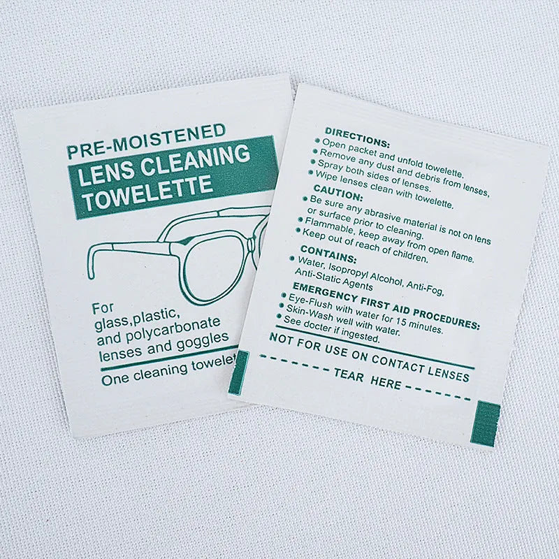Pack of 100 individually wrapped optical cleaning wipes for glasses, lenses, and screens.