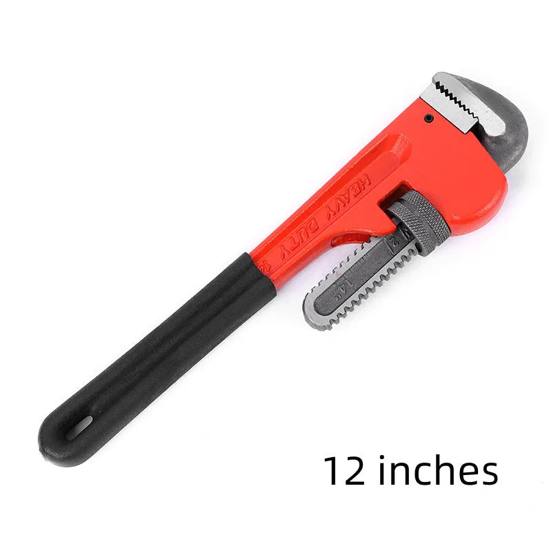 Heavy pipe tongs 45# steel water pipe pliers with black handle and silver jaw on white background