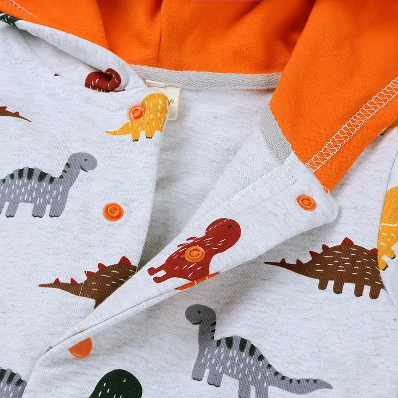 Dinosaur baby bodysuit long sleeve hooded cotton romper in grey, blue, or pink, sizes 66-90 yards