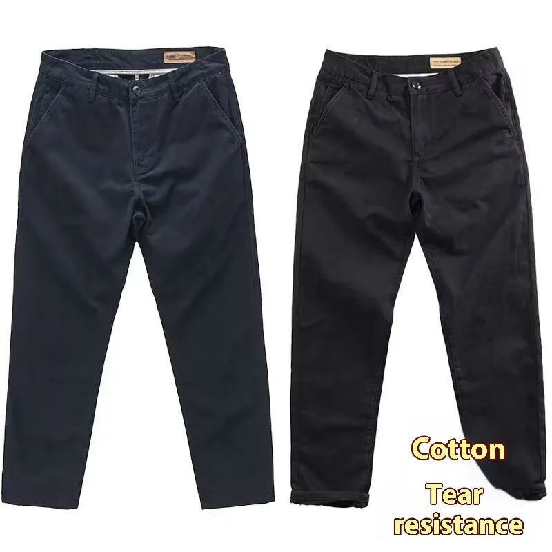 Men's slim fit straight-leg casual pants in a gray cotton blend fabric with an elasticated waistband.