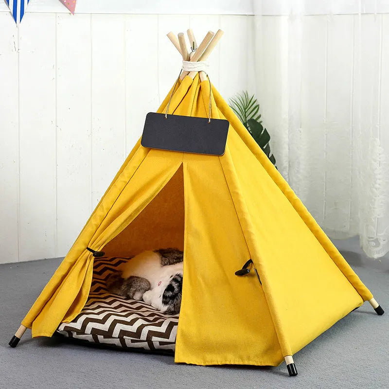 Flax linen portable teepee bed for small dog or cat with striped pattern and cushion