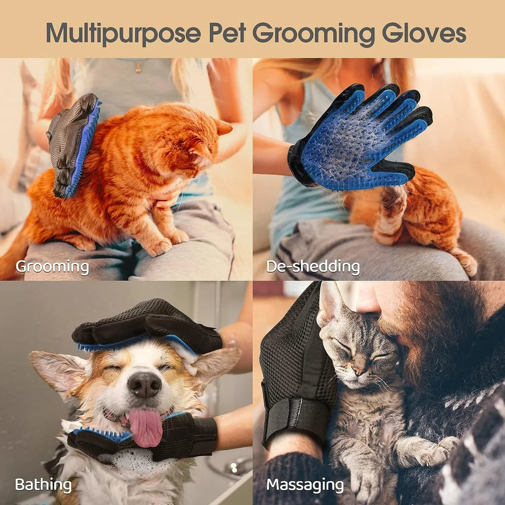 Blue pet grooming gloves with silicone tips for removing loose hair from dogs cats and horses