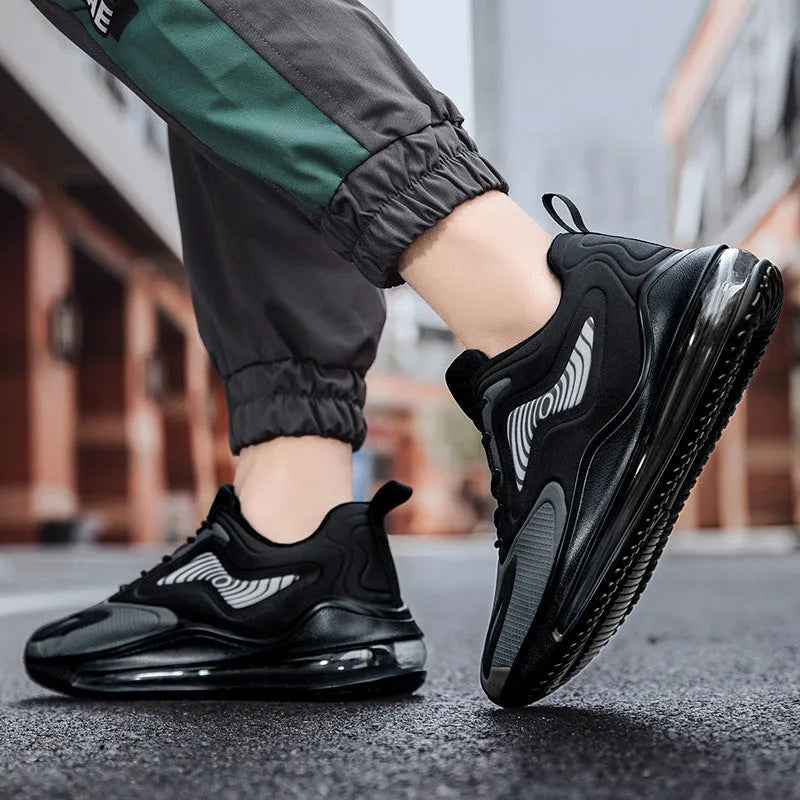 Men's casual mesh sports running shoes with flat heel and round toe, available in black grey and sizes 39 to 46