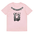 A loose grey cotton T-shirt with short sleeves and a round neck, laid flat.