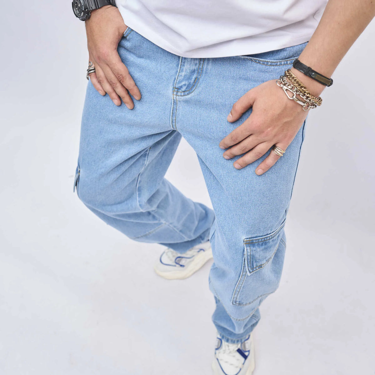 Men's American style loose fit blue cotton jeans mid waist denim trousers