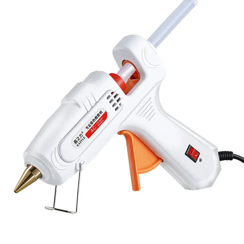 White electric hot melt glue gun with safety power switch LED, anti-heat blanket, and metal bracket