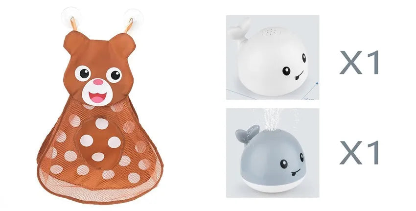 Whale-shaped electric bath toy spraying water with flashing lights, floating in baby bathtub