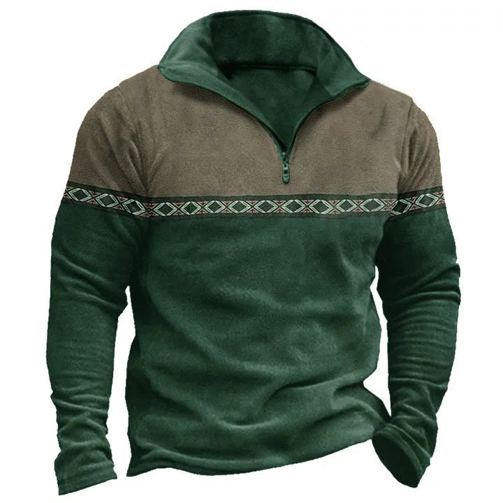 Retro patchwork pattern polo shirt with zipper sweater styling in cotton-blend fabric