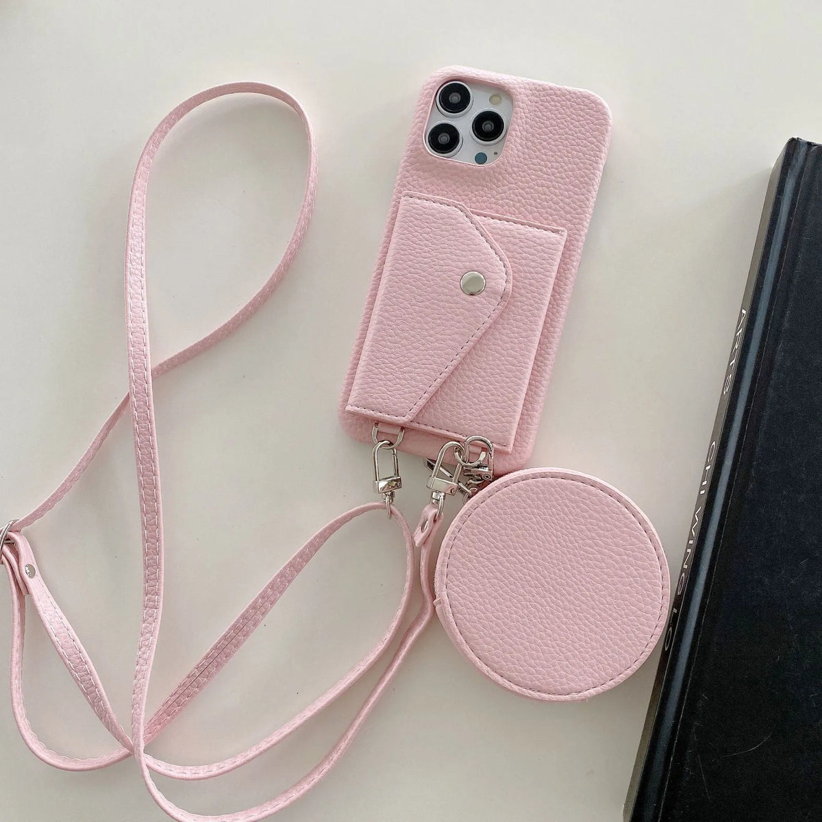 Crossbody phone case with card holder and coin purse in PC leather, available in blue, khaki, and purple for iPhone models