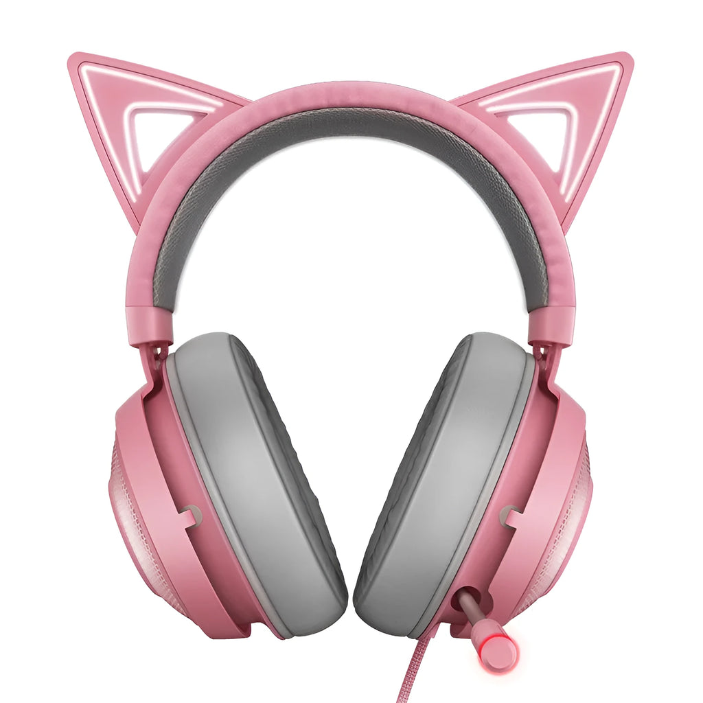 Pink glowing cat earphones with wired USB connection and head-mounted design on a desk