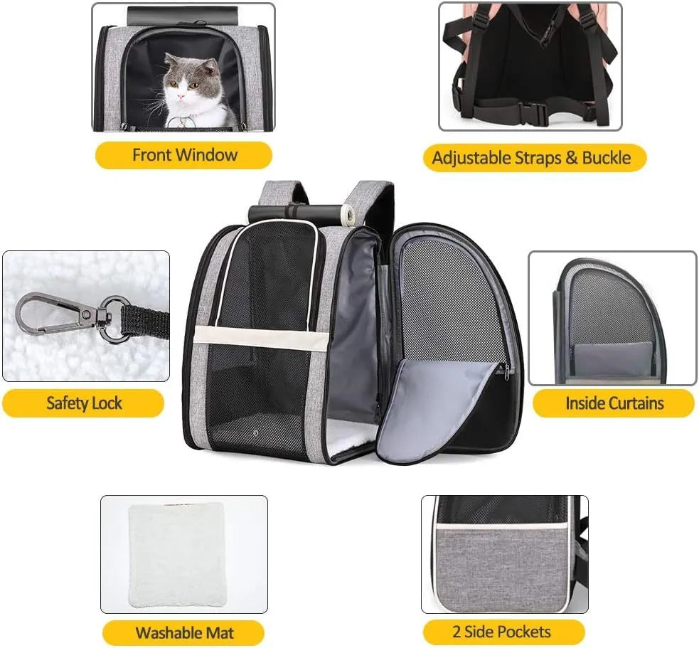 Grey or pink PVC mesh pet carrier backpack for cats and small dogs, 42cm x 31cm x 5cm, with chest buckles and removable mat