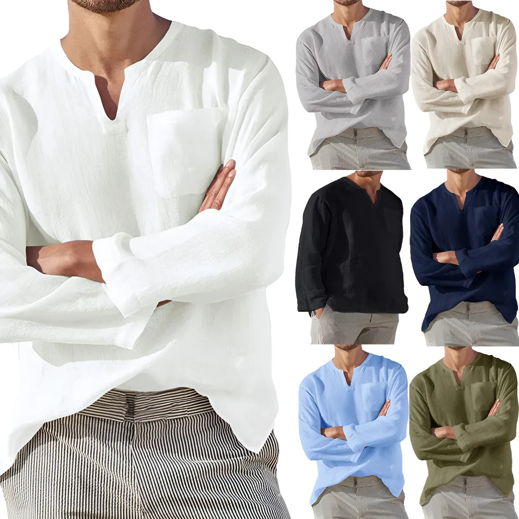 Men's long sleeve V-neck casual beach shirt in khaki, acetate fibre, sizes S to 5XL