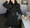 Women's loose knitted base dress with long sleeves and high waist, shown with coordinating black belt