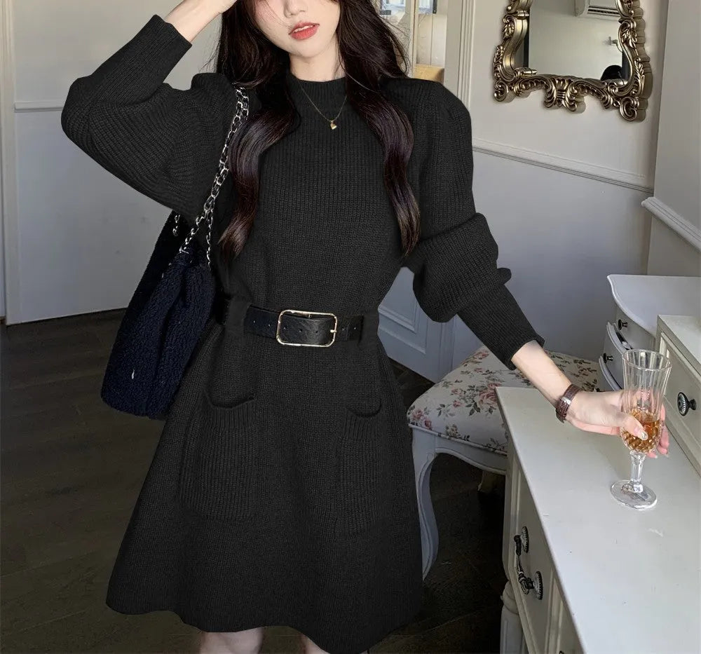 Women's loose knitted base dress with long sleeves and high waist, shown with coordinating black belt