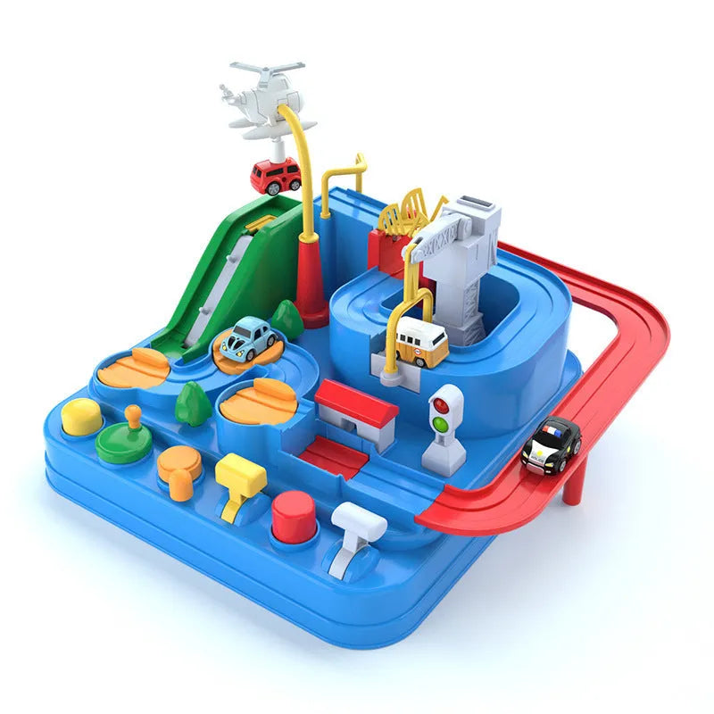 Parking lot rail car toy track set with plastic trolley cars and handle control system