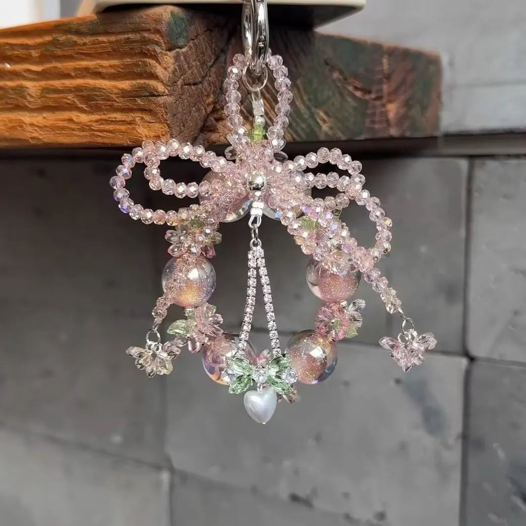 Acrylic sweet bow beaded mobile phone charm pendant in bow beaded colour with heart water drops bell pattern
