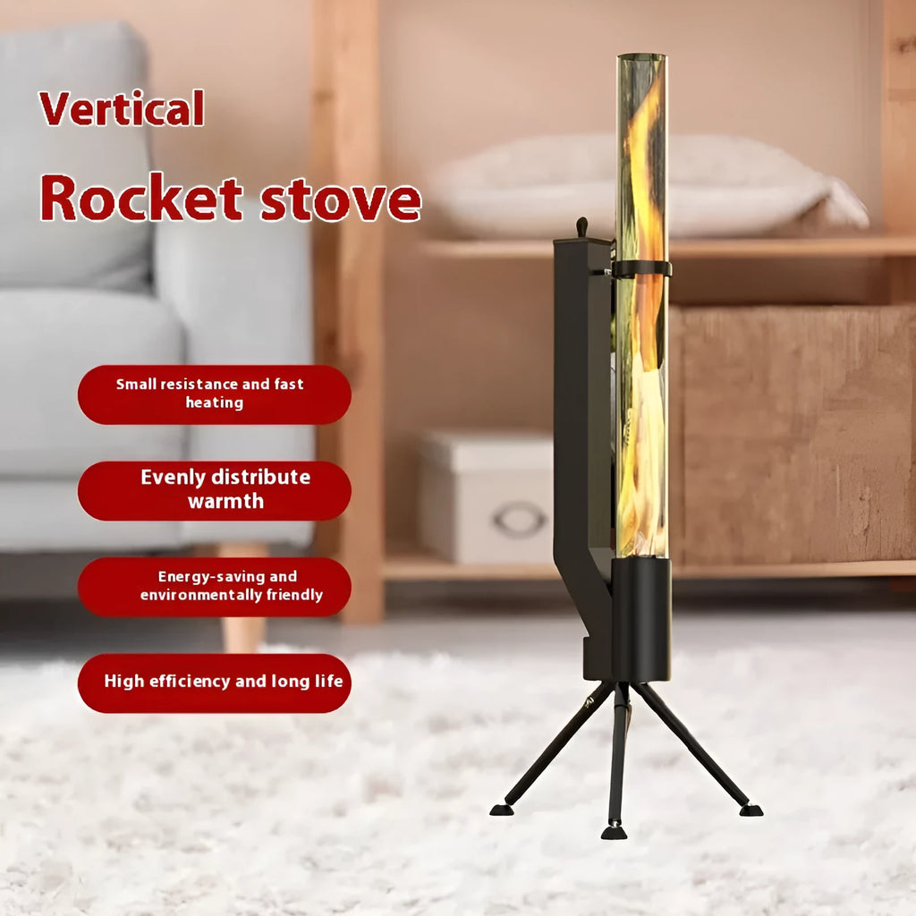 Vertical iron wood burning rocket furnace for courtyard heating with integrated stove design