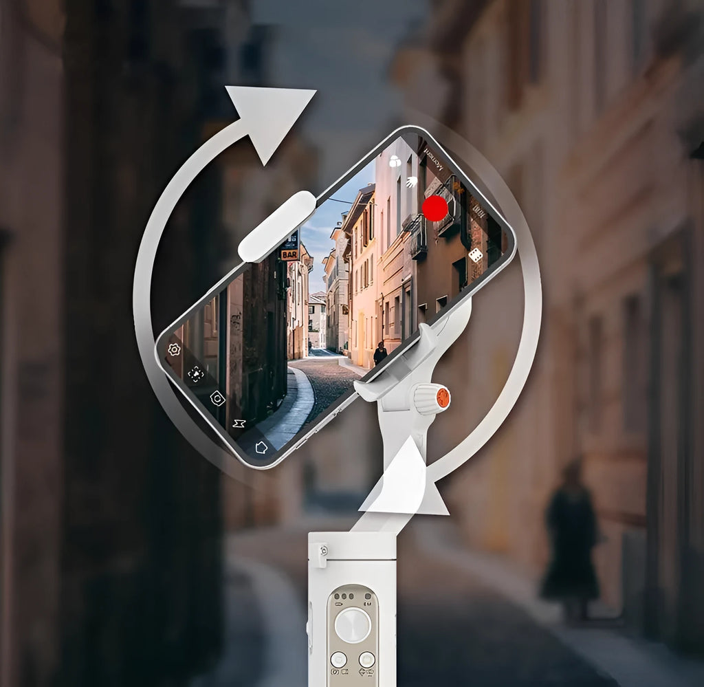 Black or white 3‑axle foldable phone stabiliser showing compact 179mm size and USB port.