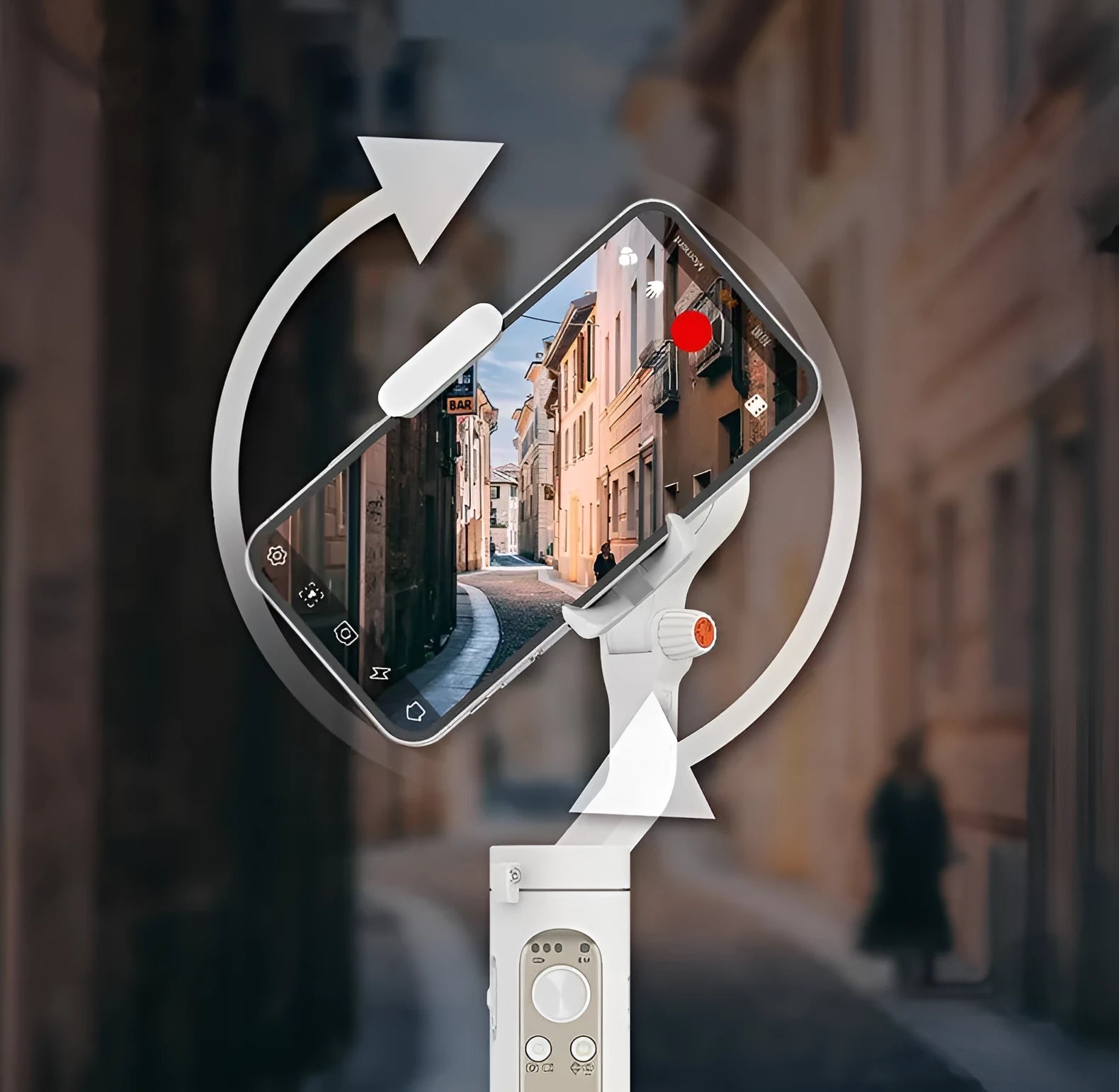 Black or white 3‑axle foldable phone stabiliser showing compact 179mm size and USB port.