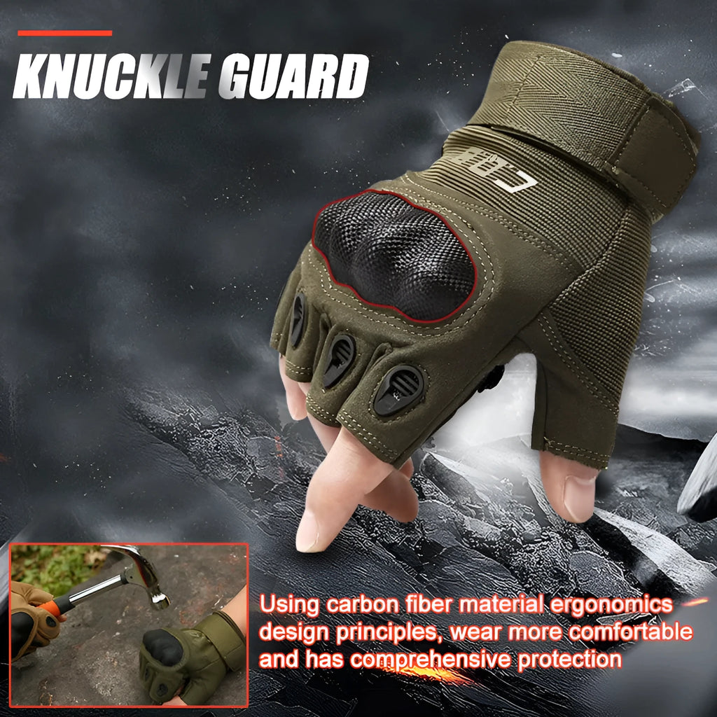 Tactical half-finger microfiber gloves with rubber knuckle protector in army green