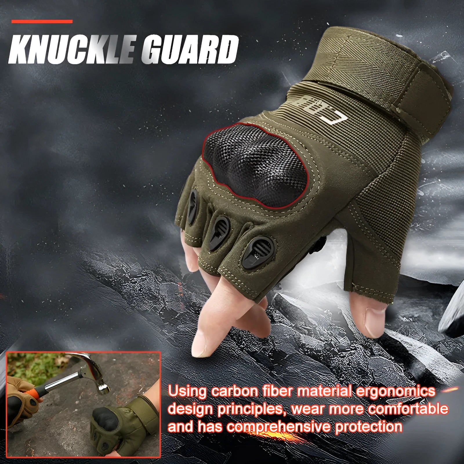 Tactical half-finger microfiber gloves with rubber knuckle protector in army green