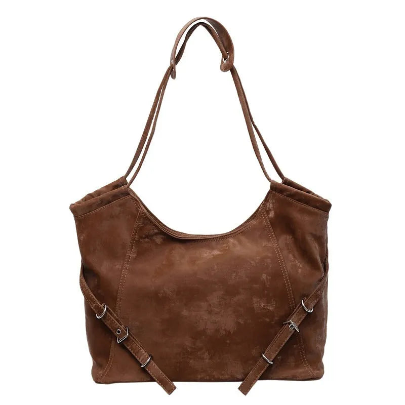 Retro large capacity women's casual shoulder bag in soft PU with double straps, horizontal square shape